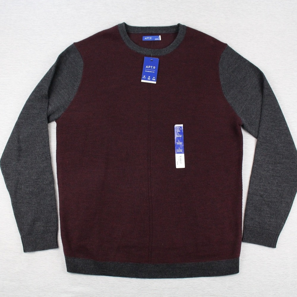 APT 9 Sweater Mens Size L Burgundy Standard Fit Crewneck Merino Blend Pullover